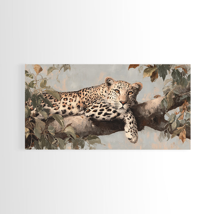 Leopard Resting on Tree Branch Framed Canvas Print, Wildlife Art, Art Print, Living Room Decor, Watercolor Art, Wild, WIL-2x1-34