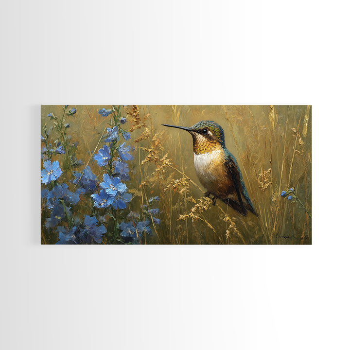 Hummingbird Beside Bright Flowers Canvas Print, Wildlife Art, Wall Art, Living Room Decor, Fine Art, Wild, Modern Wall Art, WIL-2x1-36