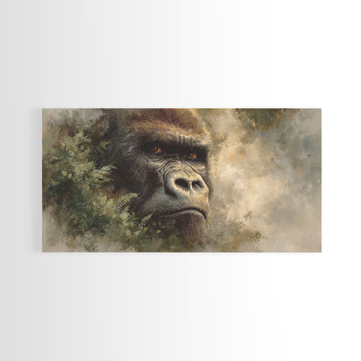 Gorilla Portrait with Powerful Gaze Framed Canvas Print, Wildlife Art, Minimalist Decor, Living Room Decor, Oil Painting, Wild, WIL-2x1-37
