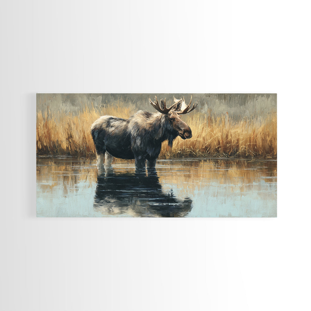 Moose Standing in Reflective Lake Canvas Print, Wildlife Art, Painting, Living Room Decor, Fine Art, Wild, Living Room Wall Art, WIL-2x1-39