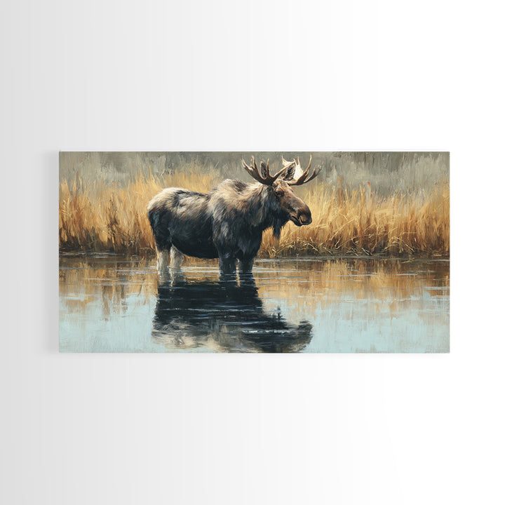 Moose Standing in Reflective Lake Canvas Print, Wildlife Art, Painting, Living Room Decor, Fine Art, Wild, Living Room Wall Art, WIL-2x1-39