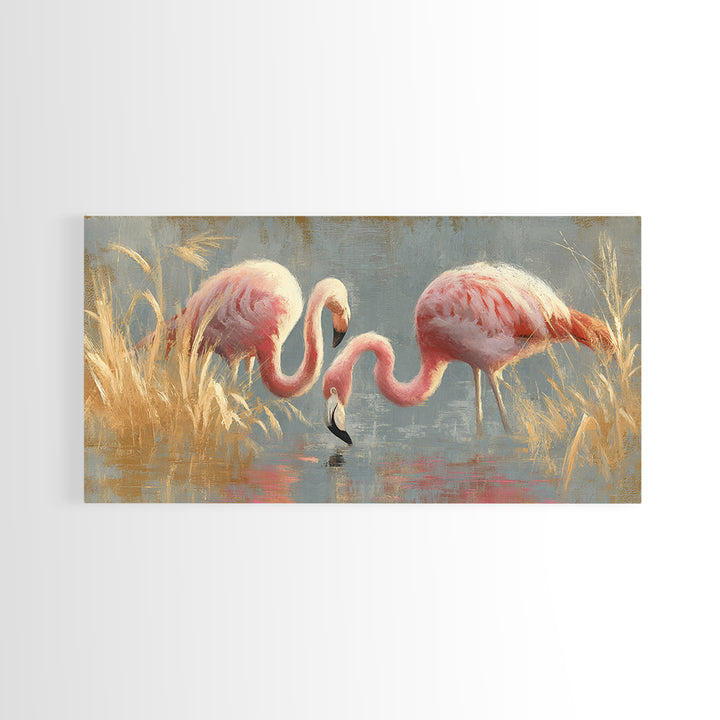 Flamingos in Pink Shallow Water Framed Canvas Print, Wildlife Art, Statement Artwork, Living Room Decor, Fine Art, Wild, WIL-2x1-42