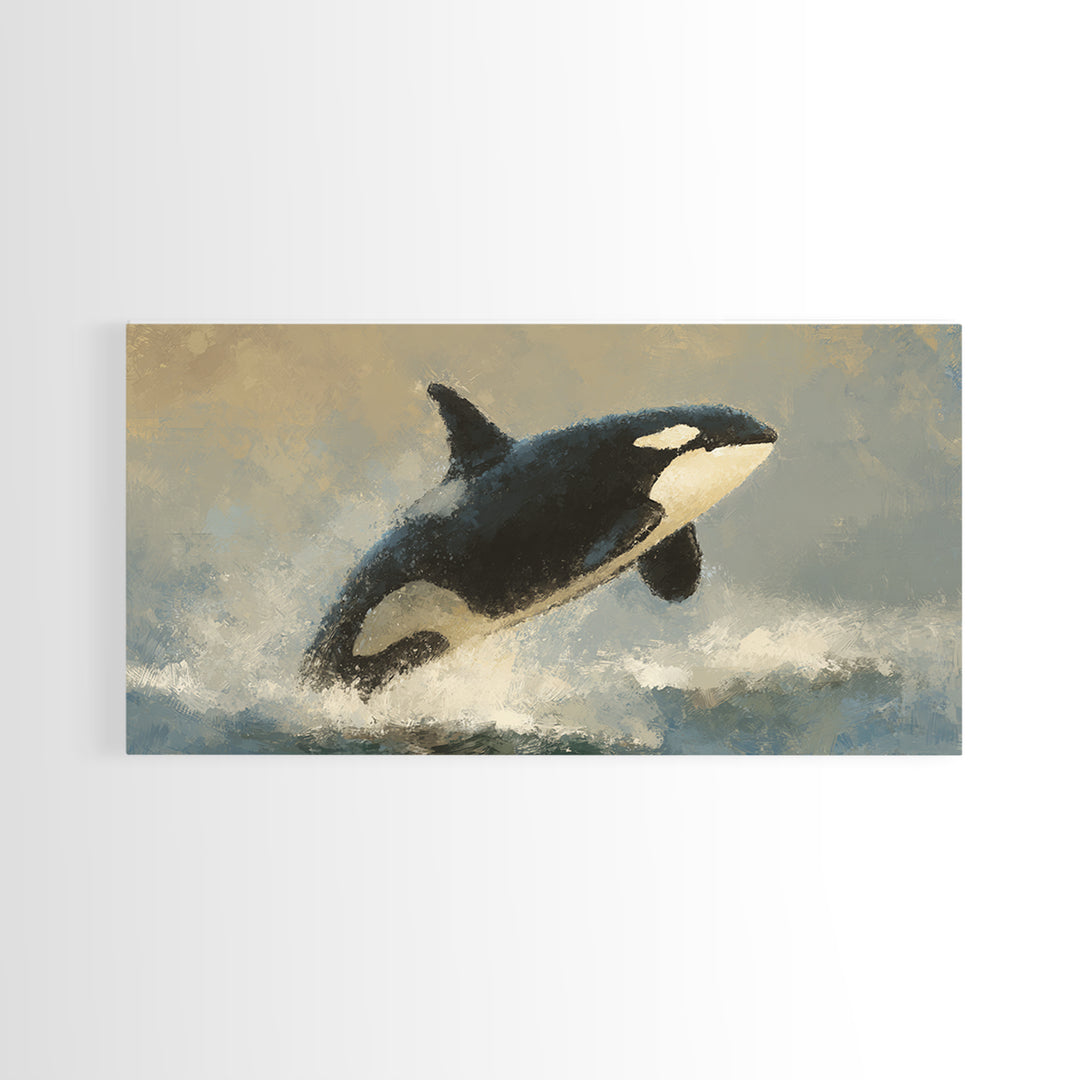 Orca Breaching in Cold Ocean Framed Canvas Print, Wildlife Art, Wall Hangings, Living Room Decor, Oil Painting, Wild, WIL-2x1-43