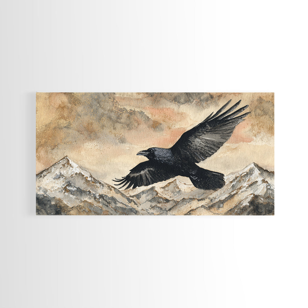 Raven Flying Through Snowy Mountains Canvas Print, Wildlife Art, Textured Painting, Living Room Decor, Fine Art, Wild, WIL-2x1-44
