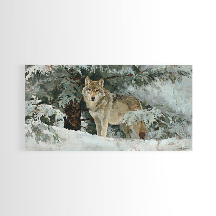 Wolf Standing Beneath Snowy Pine Trees Canvas Print, Wildlife Art, Wall Art Print, Living Room Decor, Oil Painting, Wild, WIL-2x1-47