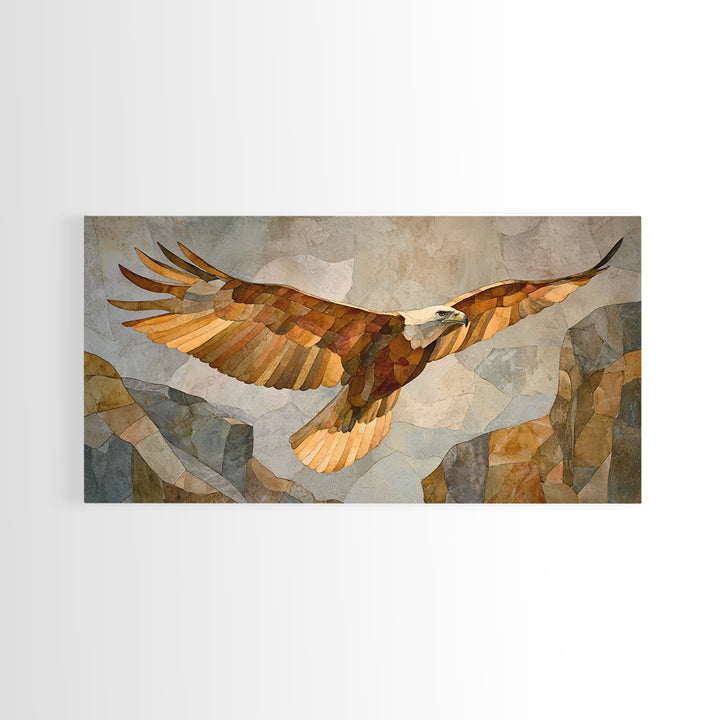 Eagle Soaring Above Rocky Cliffs Framed Canvas Print, Wildlife Art, Minimalist Decor, Living Room Decor, Fine Art, Wild, WIL-2x1-50
