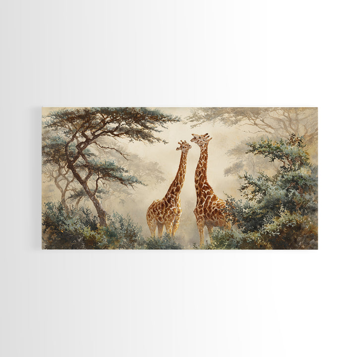 Giraffe Pair under Acacia Tree Framed Canvas Print, Wildlife Art, Modern Wall Art, Living Room Decor, Watercolor Art, Wild, WIL-2x1-51