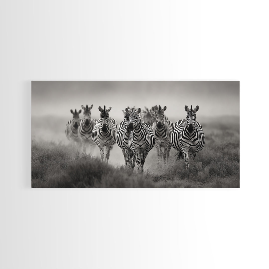 Zebra Herd in Graphic Black and White Framed Canvas Print, Wildlife Art, Boho Wall Decor, Living Room Decor, Fine Art, Wild, WIL-2x1-55