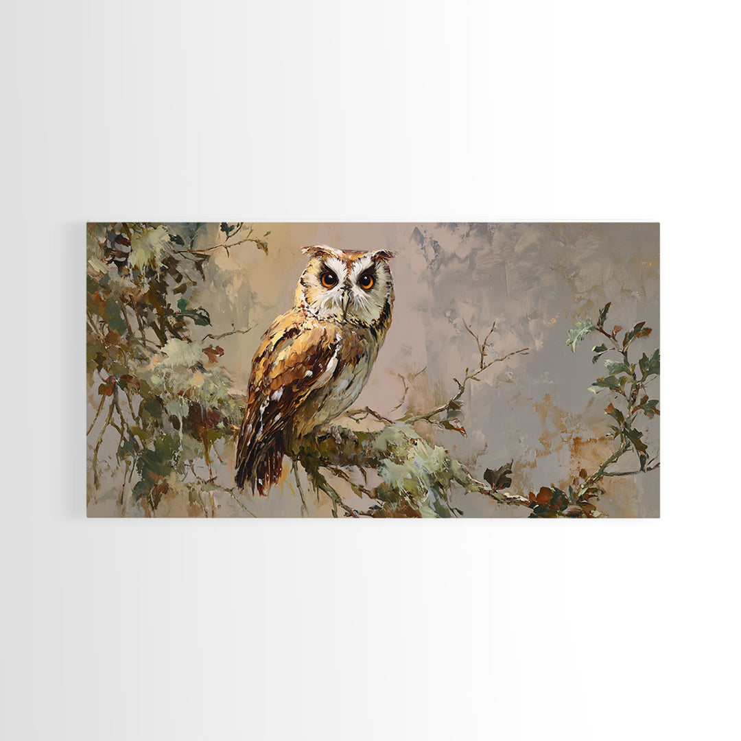 Owl Perched in Moonlit Woodland Framed Canvas Print, Wildlife Art, Wall Hangings, Living Room Decor, Fine Art, Wild, Bird Art, WIL-2x1-56