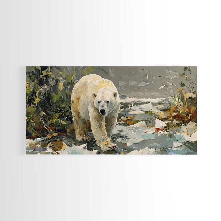 Polar Bear Crossing Blue Ice Framed Canvas Print, Wildlife Art, Landscape Art, Living Room Decor, Watercolor Art, Wild, WIL-2x1-59