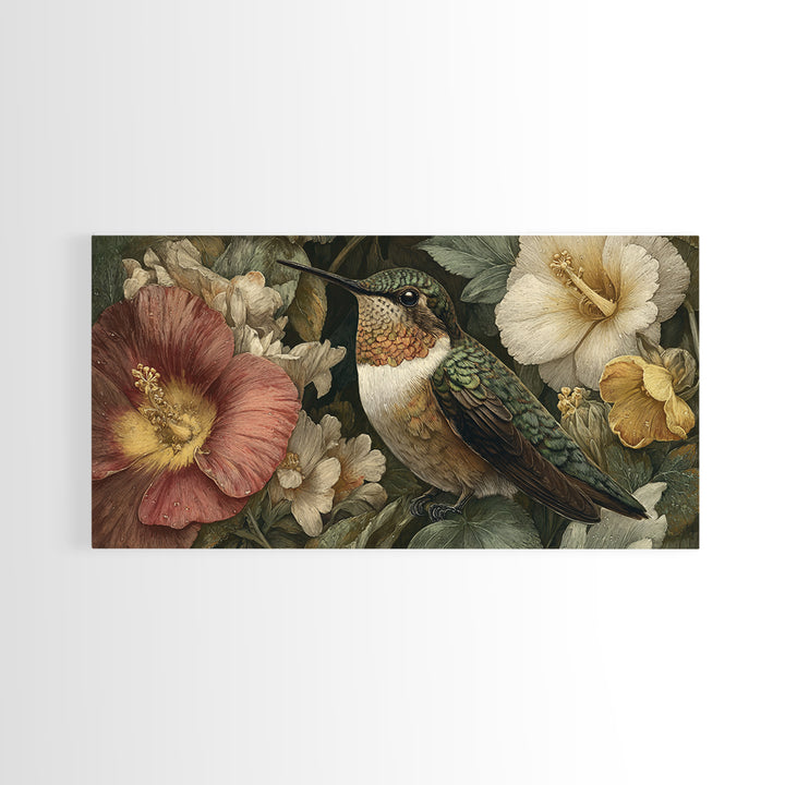 Hummingbird Beside Bright Flowers Framed Canvas Print, Wildlife Art, Oil Painting, Living Room Decor, Fine Art, Wild, WIL-2x1-60