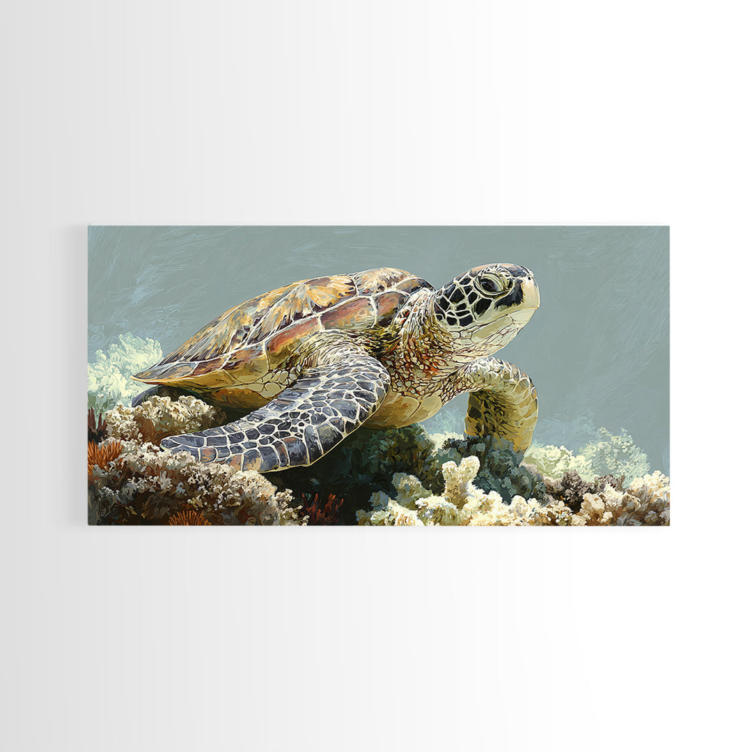 Sea Turtle over Coral Reef Canvas Print, Wildlife Art, Room Decor, Living Room Decor, Oil Painting, Wild, Large Wall Art, WIL-2x1-62