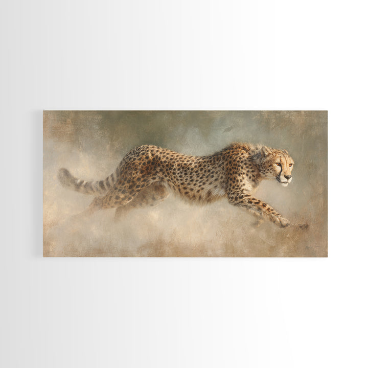 Cheetah Running Through Warm Dust Framed Canvas Print, Wildlife Art, Wall Hangings, Living Room Decor, Abstract Art, Wild, WIL-2x1-65