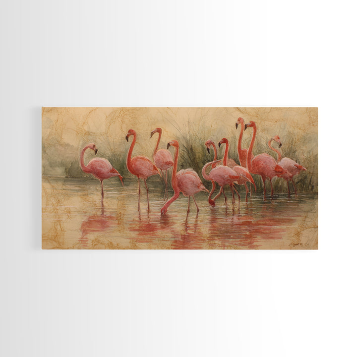 Flamingos in Pink Shallow Water Canvas Print, Wildlife Art, Textured Painting, Living Room Decor, Watercolor Art, Wild, WIL-2x1-66
