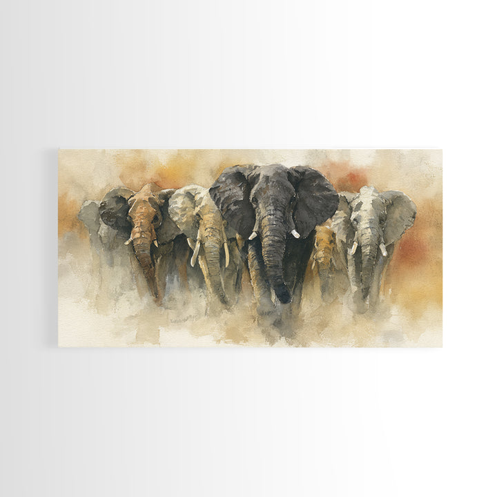 Elephant Herd Walking Through Dusty Sunset Canvas Print, Wildlife Art, Wall Decor, Living Room Decor, Fine Art, Wild, WIL-2x1-70