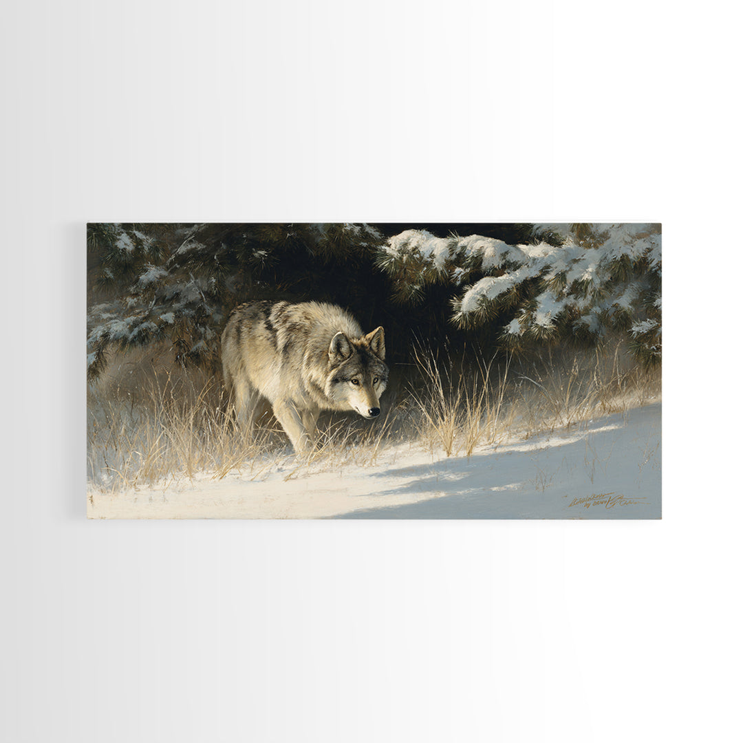 Wolf Standing Beneath Snowy Pine Trees Canvas Print, Wildlife Art, Living Room Art, Living Room Decor, Abstract Art, Wild, WIL-2x1-71