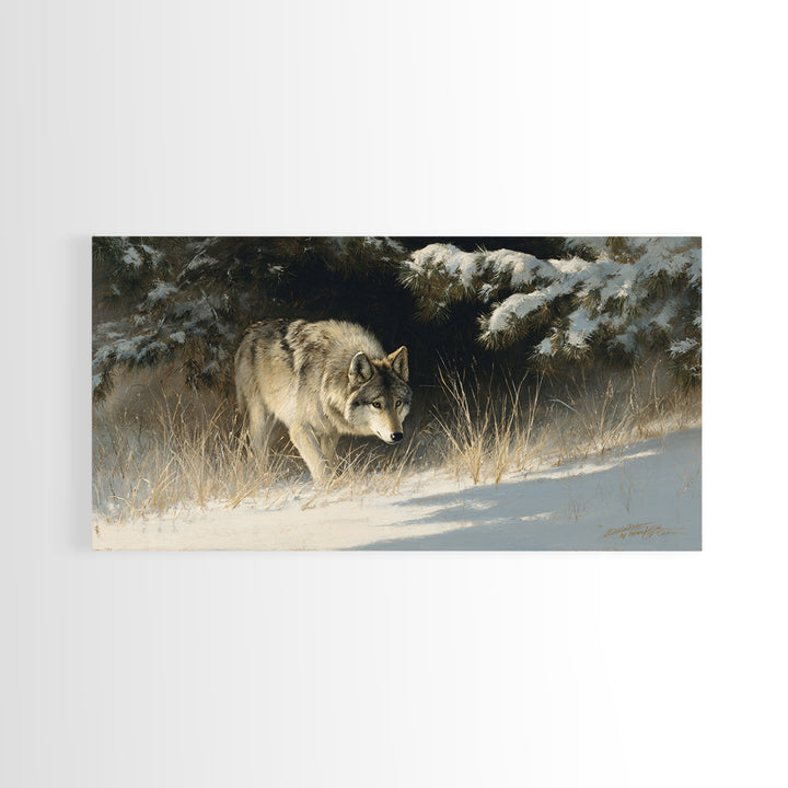 Wolf Standing Beneath Snowy Pine Trees Canvas Print, Wildlife Art, Living Room Art, Living Room Decor, Abstract Art, Wild, WIL-2x1-71