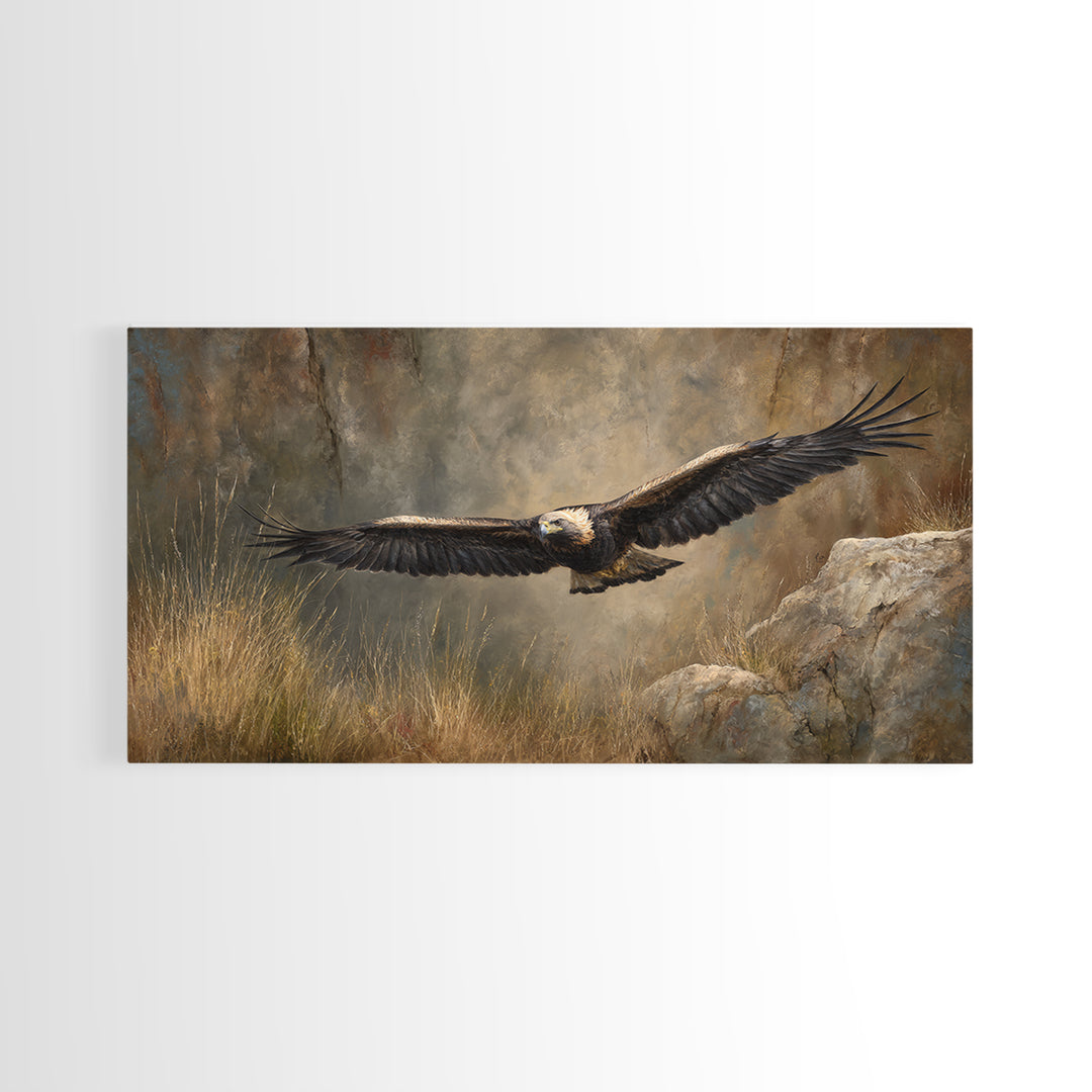 Eagle Soaring Above Rocky Cliffs Canvas Print, Wildlife Art, Living Room Decor, Watercolor Art, Wild, Living Room Wall Art, WIL-2x1-74