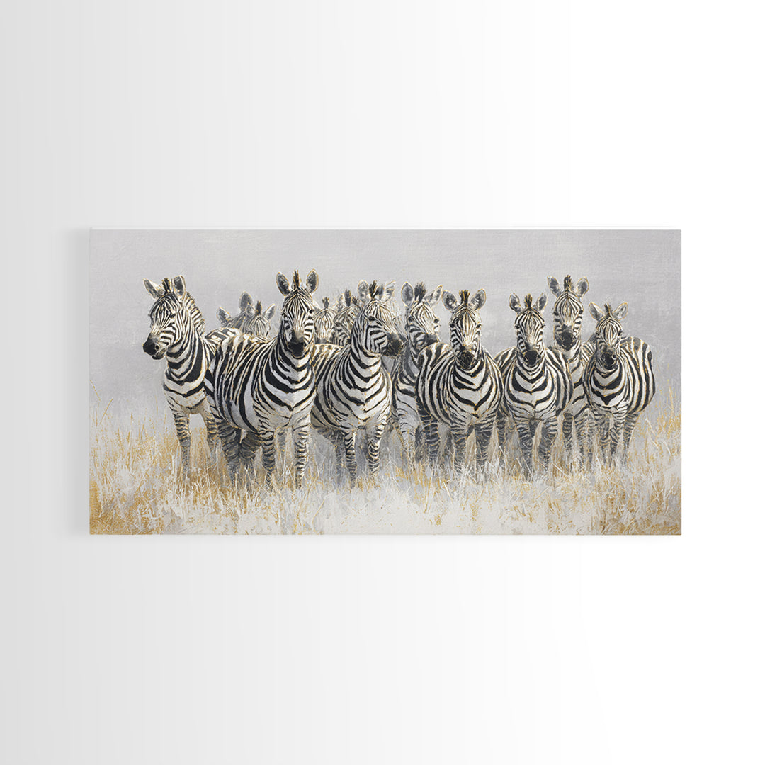 Zebra Herd in Graphic Black and White Framed Canvas Print, Wildlife Art, Bird Wall Art, Living Room Decor, Fine Art, Wild, WIL-2x1-79