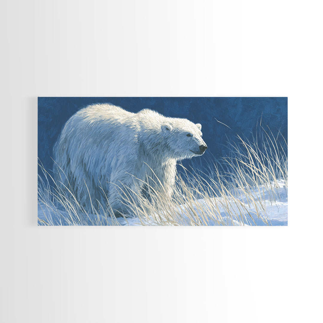 Polar Bear Crossing Blue Ice Framed Canvas Print, Wildlife Art, Contemporary Art, Living Room Decor, Wild, Wall Art Print, WIL-2x1-83