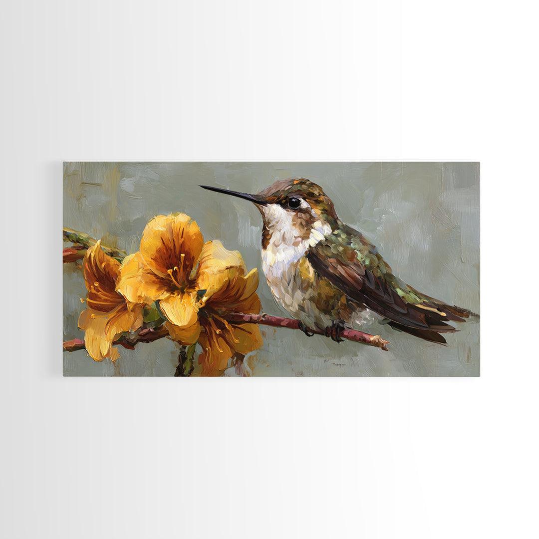 Hummingbird Beside Bright Flowers Framed Canvas Print, Wildlife Art, Bird Art, Living Room Decor, Watercolor Art, Wild, WIL-2x1-84