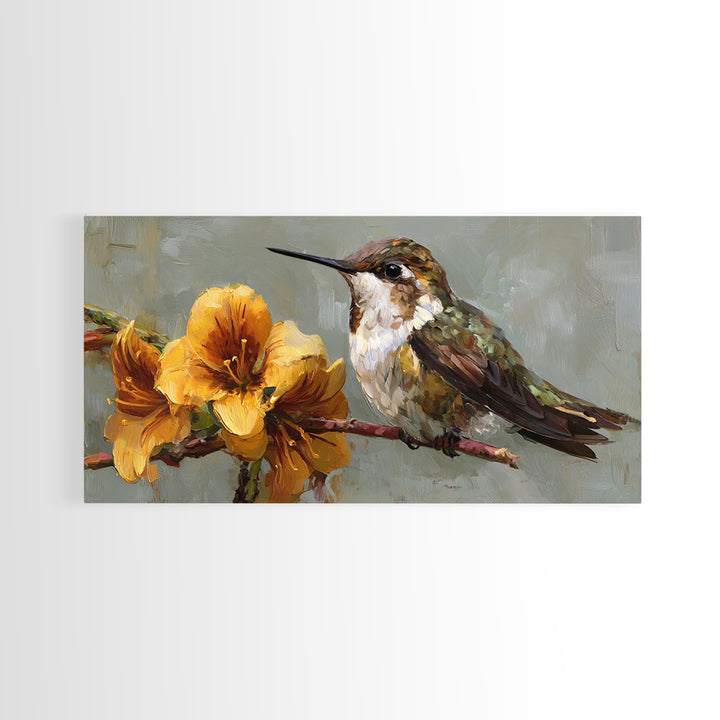 Hummingbird Beside Bright Flowers Framed Canvas Print, Wildlife Art, Bird Art, Living Room Decor, Watercolor Art, Wild, WIL-2x1-84