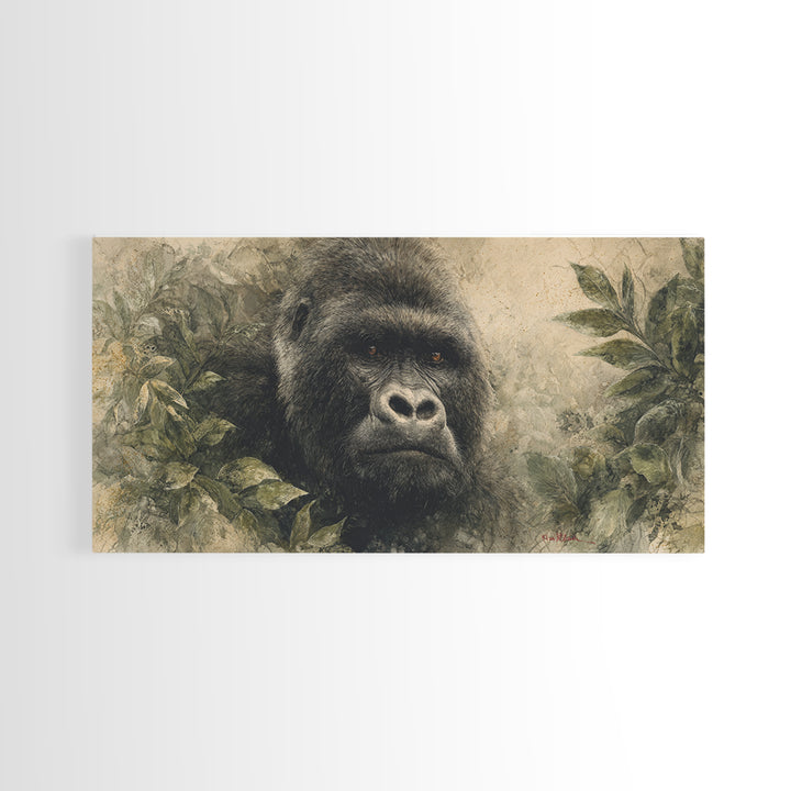 Gorilla Portrait with Powerful Gaze Framed Canvas Print, Wildlife Art, Canvas Wall Art, Living Room Decor, Fine Art, Wild, WIL-2x1-85
