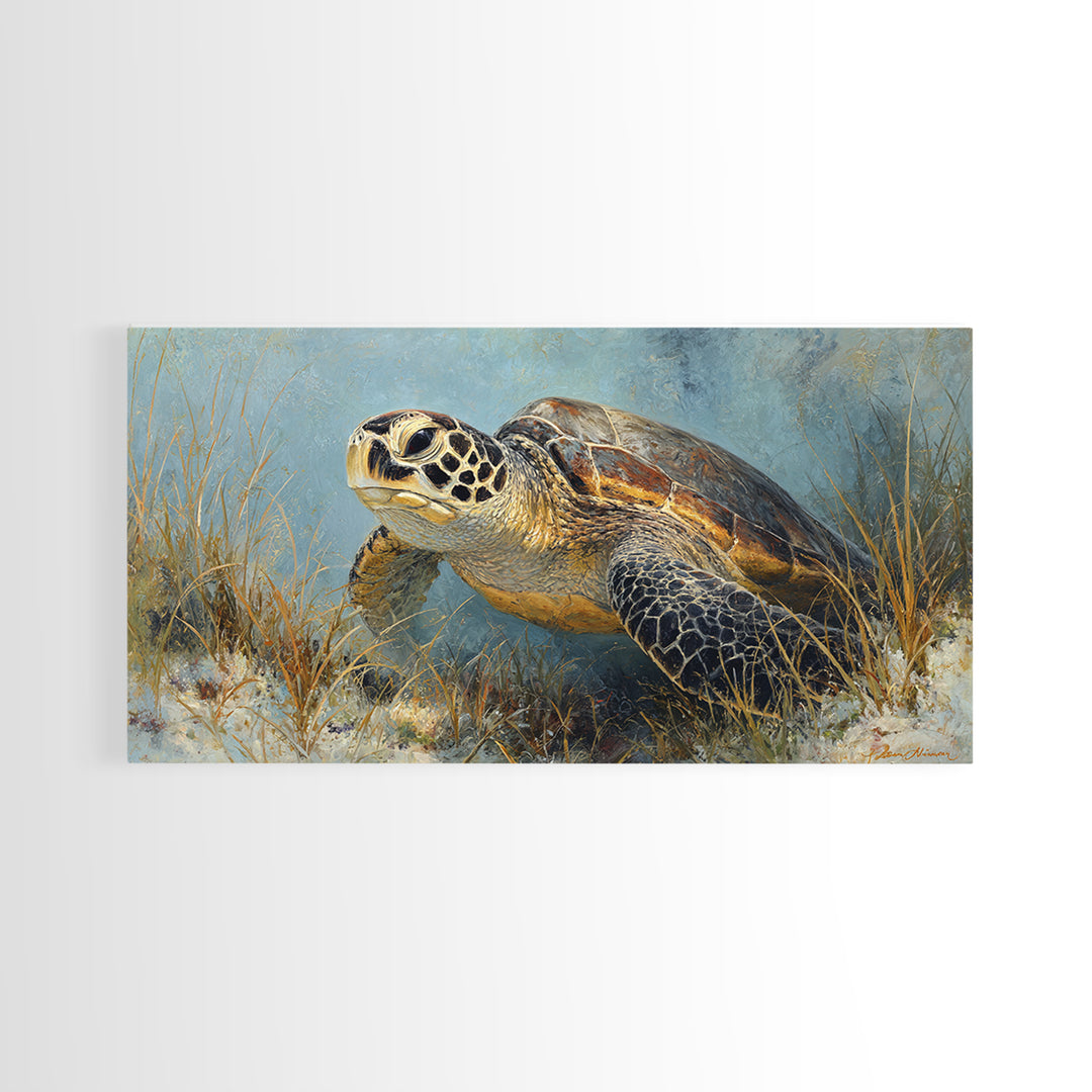 Sea Turtle over Coral Reef Framed Canvas Print, Wildlife Art, Home Decor, Living Room Decor, Fine Art, Wild, Boho Wall Decor, WIL-2x1-86