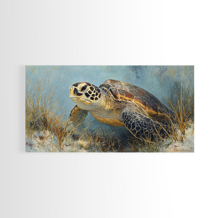 Sea Turtle over Coral Reef Framed Canvas Print, Wildlife Art, Home Decor, Living Room Decor, Fine Art, Wild, Boho Wall Decor, WIL-2x1-86