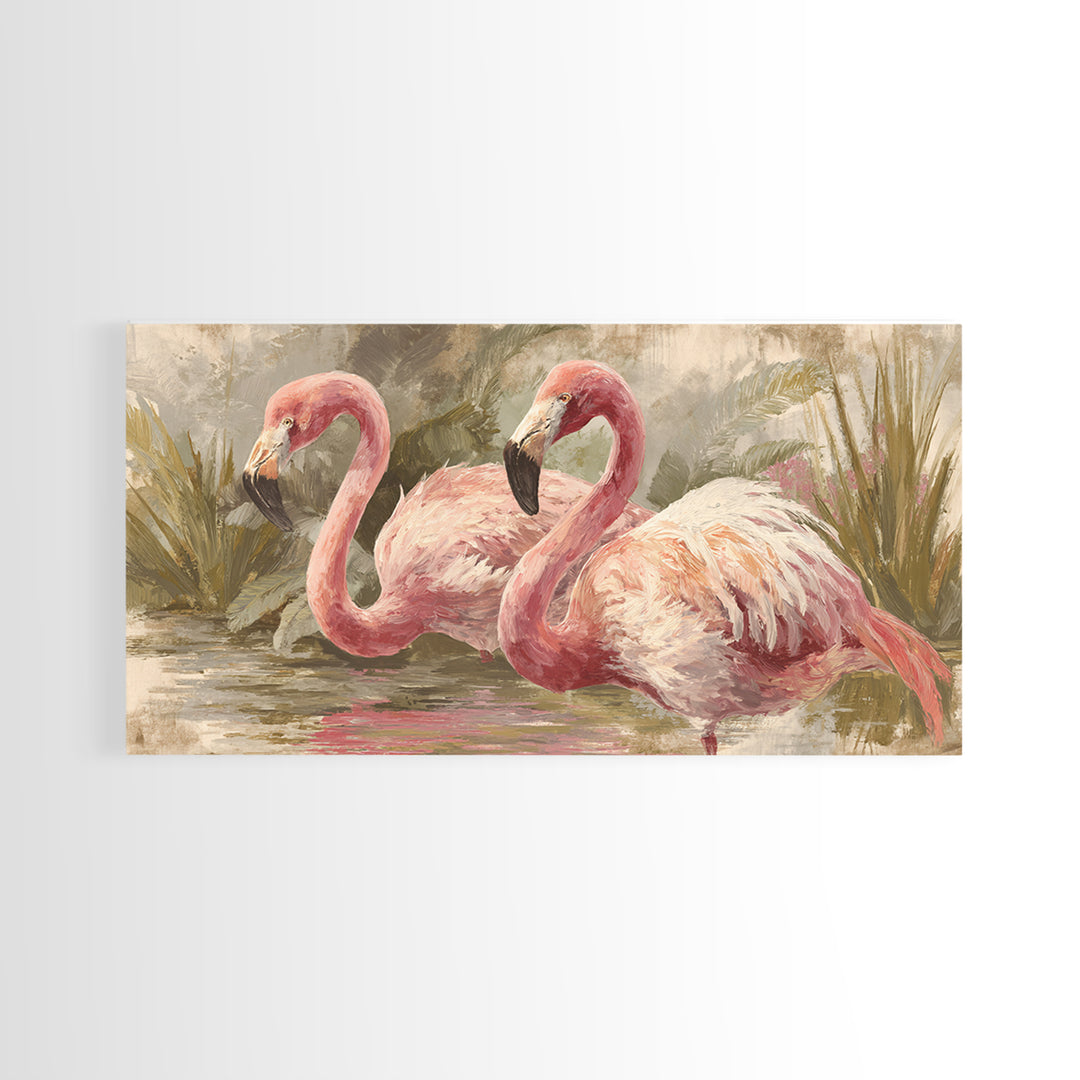 Flamingos in Pink Shallow Water Framed Canvas Print, Wildlife Art, Art, Living Room Decor, Oil Painting, Wild, WIL-2x1-90