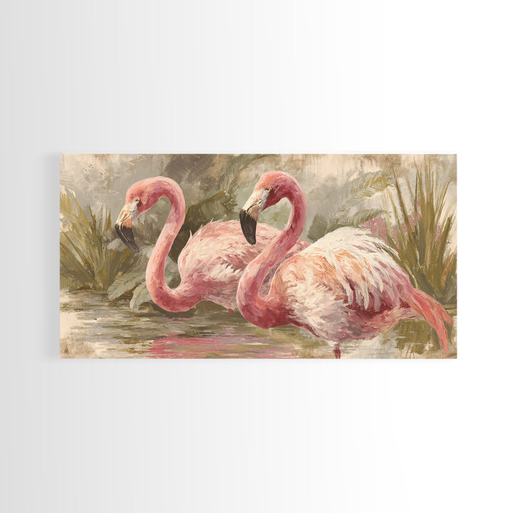 Flamingos in Pink Shallow Water Framed Canvas Print, Wildlife Art, Art, Living Room Decor, Oil Painting, Wild, WIL-2x1-90