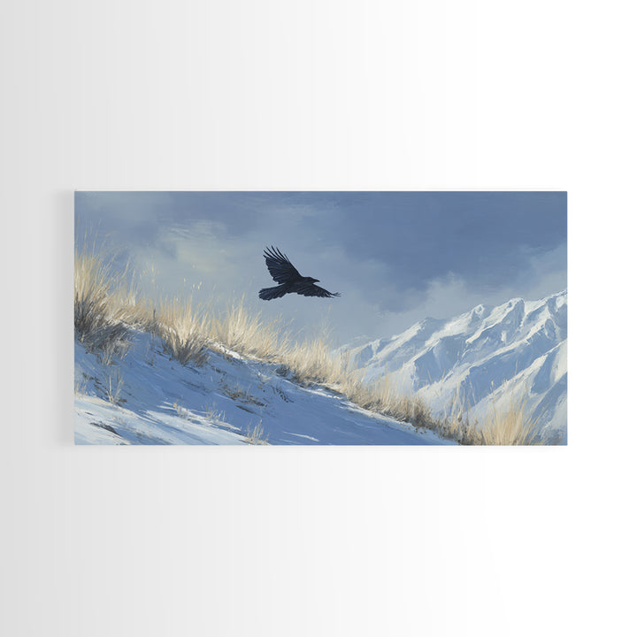Raven Flying Through Snowy Mountains Framed Canvas Print, Wildlife Art, Boho Wall Decor, Living Room Decor, Fine Art, Wild, WIL-2x1-92