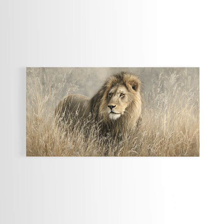 Lion Emerging from Golden Savanna Grass Canvas Print, Wildlife Art, Wall Art Print, Living Room Decor, Fine Art, Wild, WIL-2x1-93