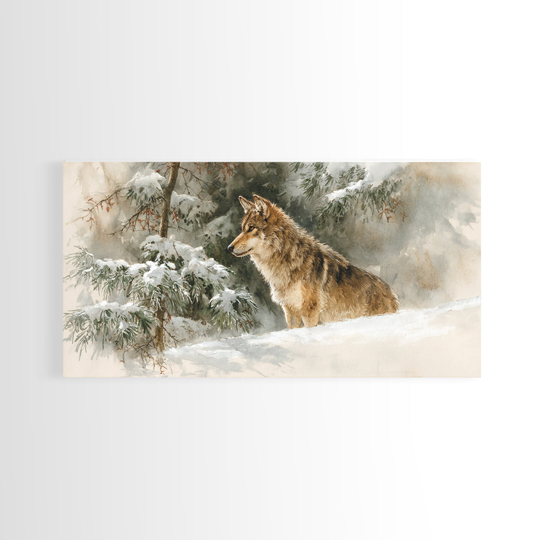 Wolf Standing Beneath Snowy Pine Trees Framed Canvas Print, Wildlife Art, Unique Home Decor, Living Room Decor, Fine Art, Wild, WIL-2x1-95