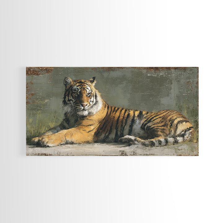 Tiger Portrait with Jungle Shadows Framed Canvas Print, Wildlife Art, Modern Wall Art, Living Room Decor, Oil Painting, Wild, WIL-2x1-97