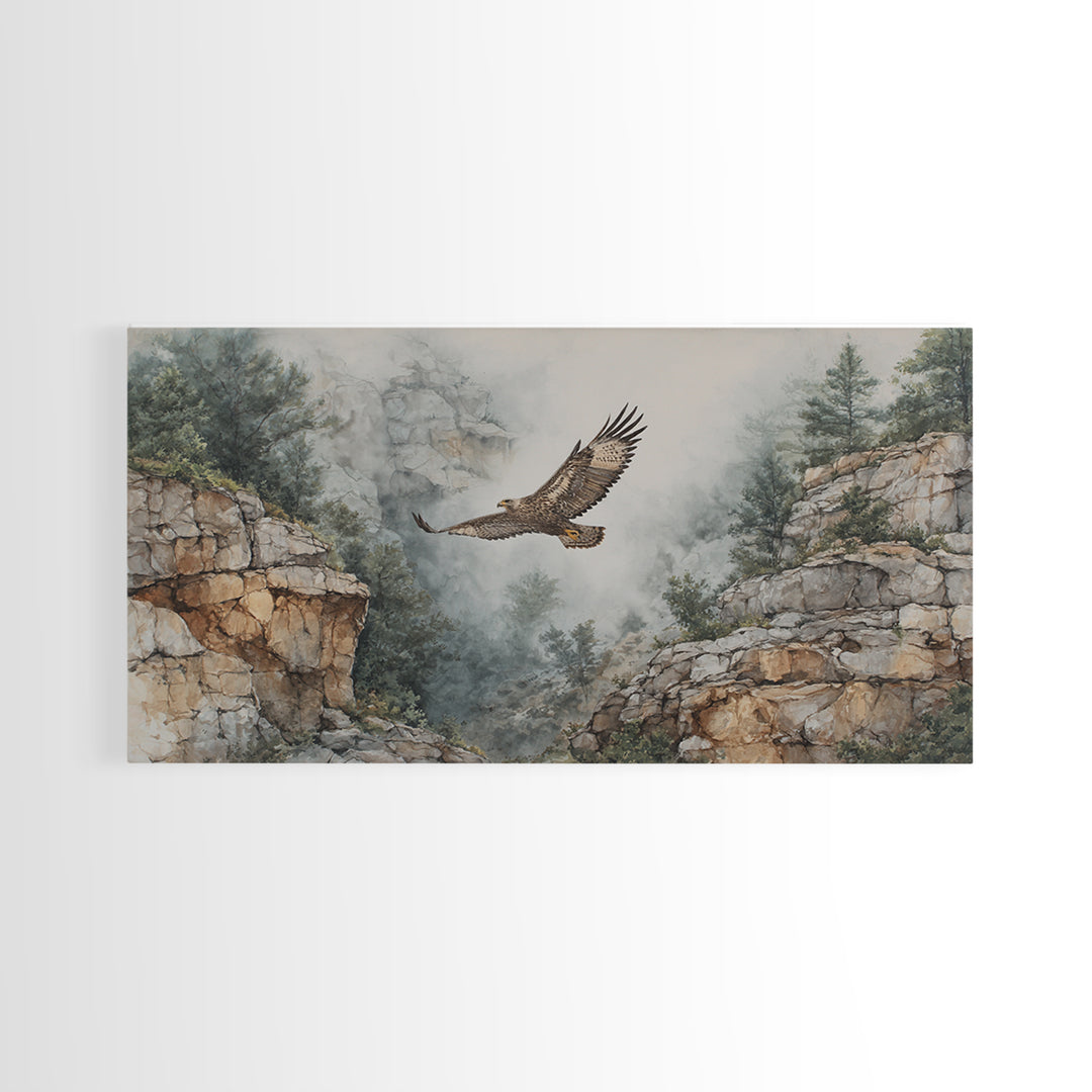 Eagle Soaring Above Rocky Cliffs Canvas Print, Wildlife Art, Living Room Decor, Watercolor Art, Wild, Living Room Wall Art, WIL-2x1-98