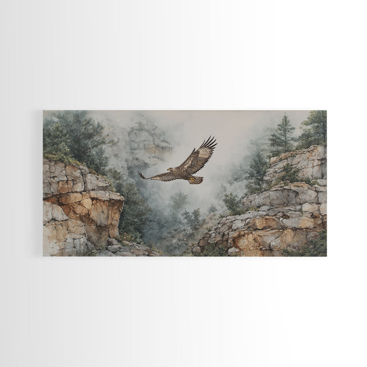 Eagle Soaring Above Rocky Cliffs Canvas Print, Wildlife Art, Living Room Decor, Watercolor Art, Wild, Living Room Wall Art, WIL-2x1-98