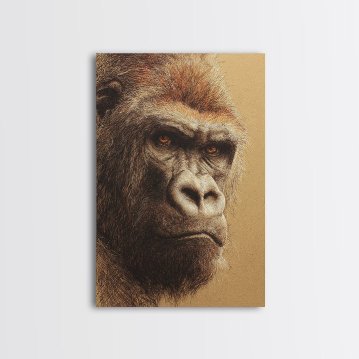 Gorilla Portrait with Powerful Gaze Framed Canvas Print, Wildlife Art, Wall Art, Living Room Decor, Wild, Modern Wall Art, WIL-2x3-1