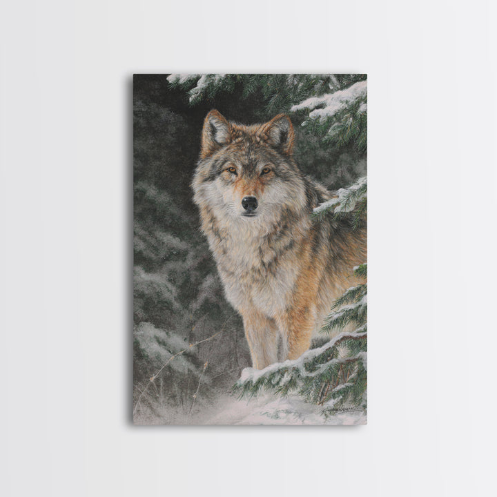 Wolf Standing Beneath Snowy Pine Trees Canvas Print, Wildlife Art, Original Artwork, Living Room Decor, Abstract Art, Wild, WIL-2x3-11