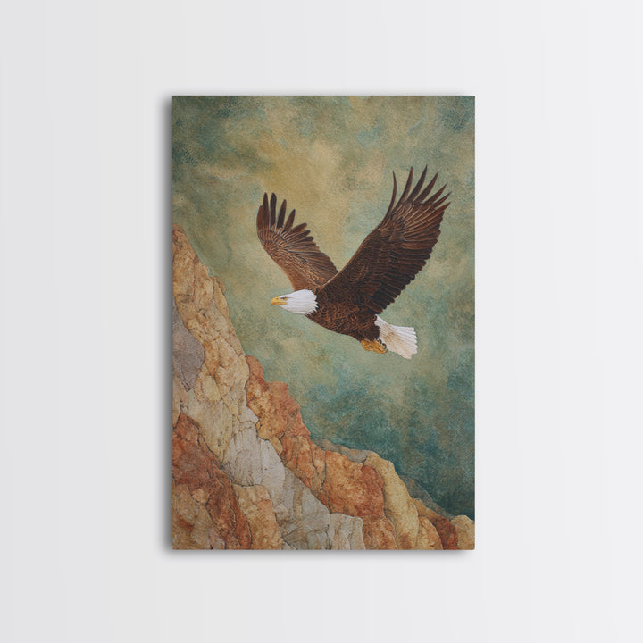 Eagle Soaring Above Rocky Cliffs Canvas Print, Wildlife Art, Art Print, Living Room Decor, Oil Painting, Wild, Digital Wall Art, WIL-2x3-14