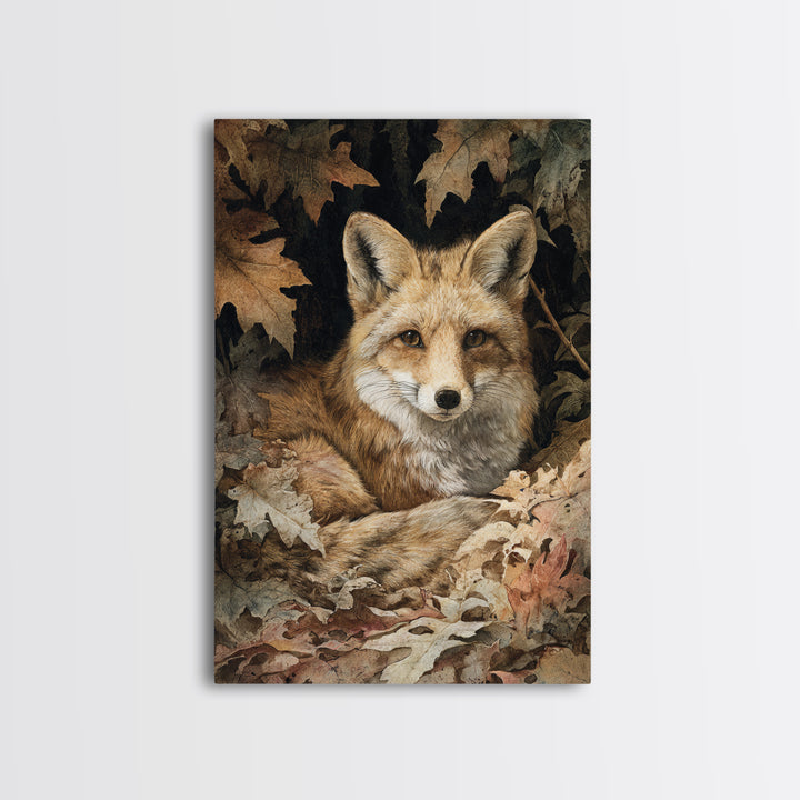 Fox in Autumn Forest Leaves Framed Canvas Print, Wildlife Art, Painting, Living Room Decor, Wild, Living Room Wall Art, WIL-2x3-17