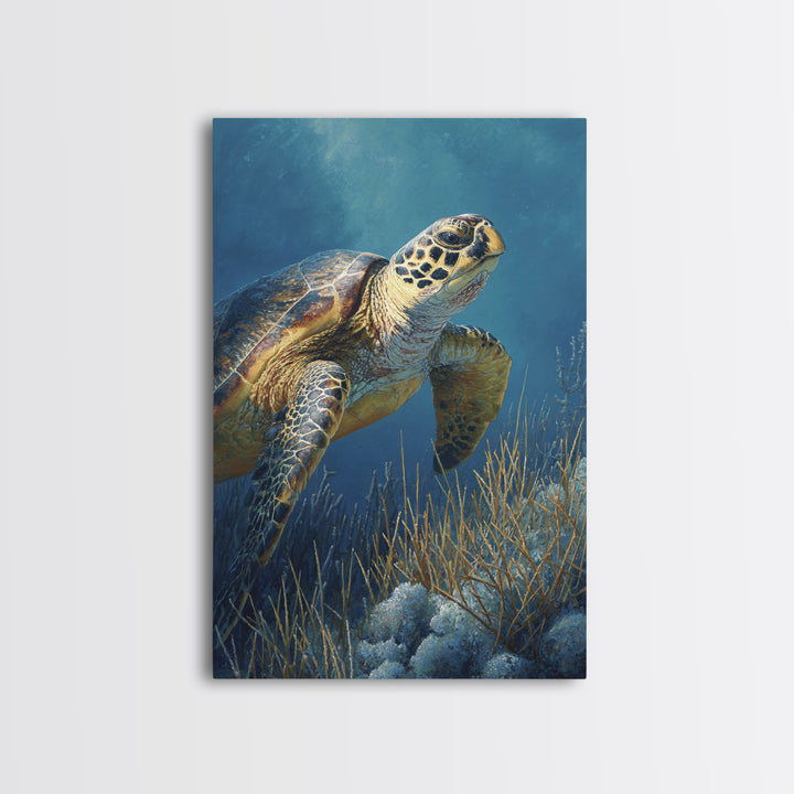 Sea Turtle over Coral Reef Framed Canvas Print, Wildlife Art, Boho Decor, Living Room Decor, Abstract Art, Wild, Painting, WIL-2x3-2