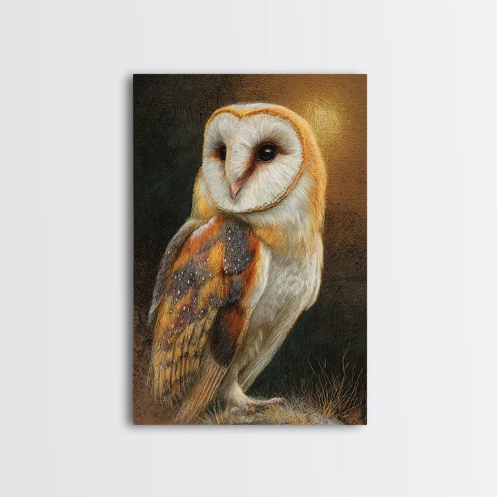 Owl Perched in Moonlit Woodland Framed Canvas Print, Wildlife Art, Oil Painting, Living Room Decor, Wild, Bedroom Wall Art, WIL-2x3-20