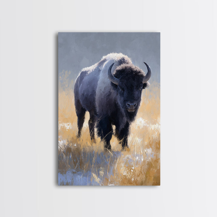 Bison on Wide Western Prairie Framed Canvas Print, Wildlife Art, Contemporary Art, Living Room Decor, Oil Painting, Wild, WIL-2x3-21