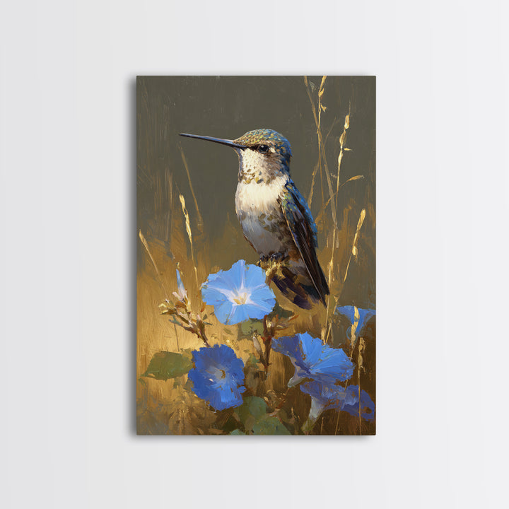 Hummingbird Beside Bright Flowers Framed Canvas Print, Wildlife Art, Canvas Painting, Living Room Decor, Watercolor Art, Wild, WIL-2x3-24