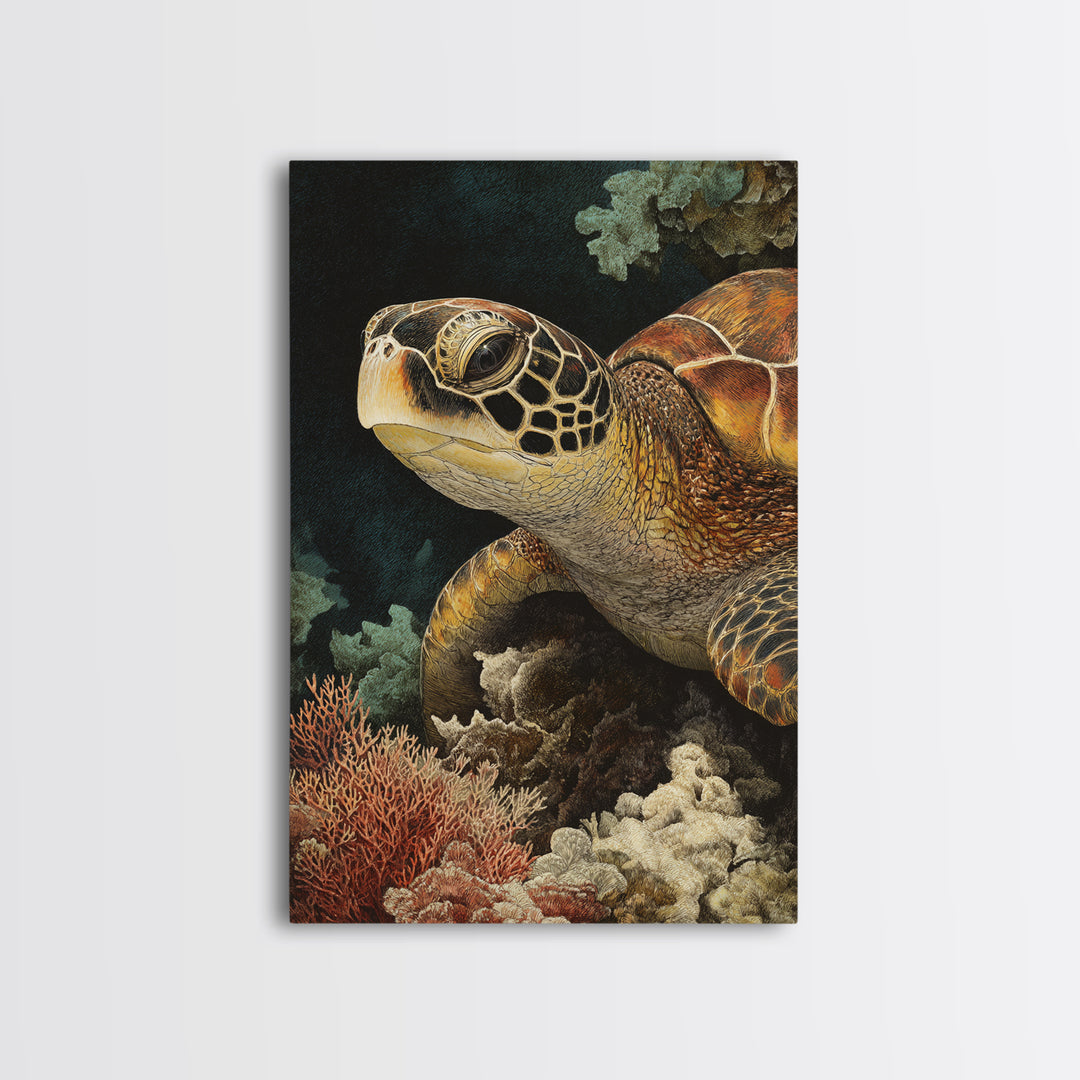 Sea Turtle over Coral Reef Framed Canvas Print, Wildlife Art, Boho Decor, Living Room Decor, Abstract Art, Wild, Painting, WIL-2x3-26
