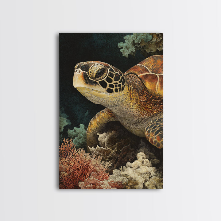 Sea Turtle over Coral Reef Framed Canvas Print, Wildlife Art, Boho Decor, Living Room Decor, Abstract Art, Wild, Painting, WIL-2x3-26