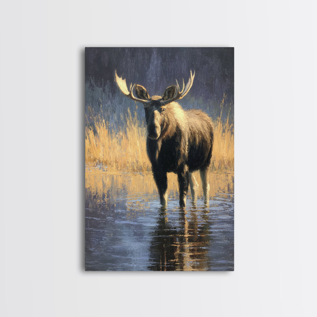 Moose Standing in Reflective Lake Canvas Print, Wildlife Art, Fine Art Print, Living Room Decor, Watercolor Art, Wild, WIL-2x3-27