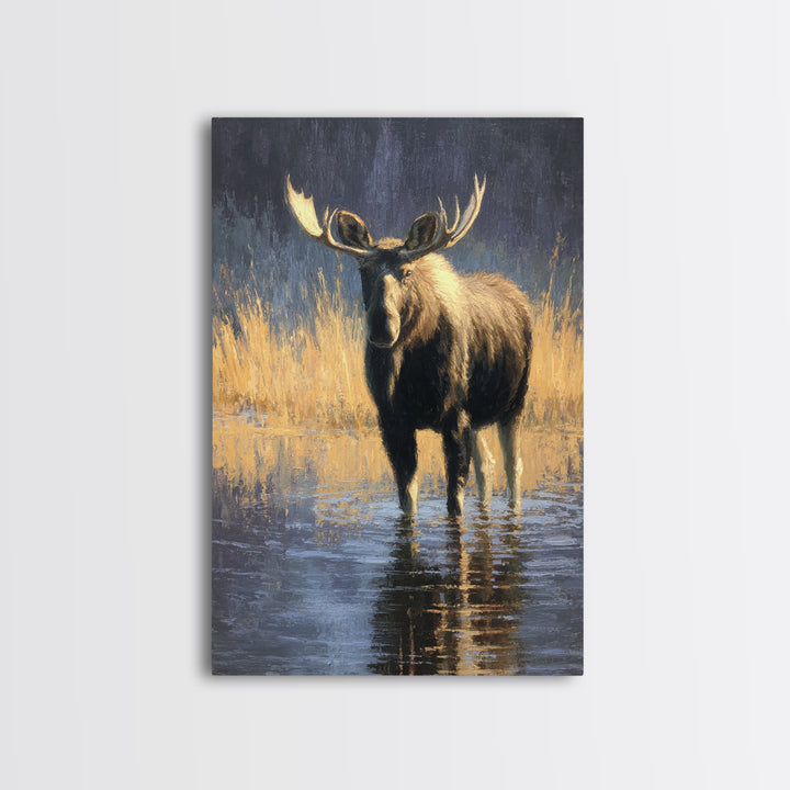 Moose Standing in Reflective Lake Canvas Print, Wildlife Art, Fine Art Print, Living Room Decor, Watercolor Art, Wild, WIL-2x3-27