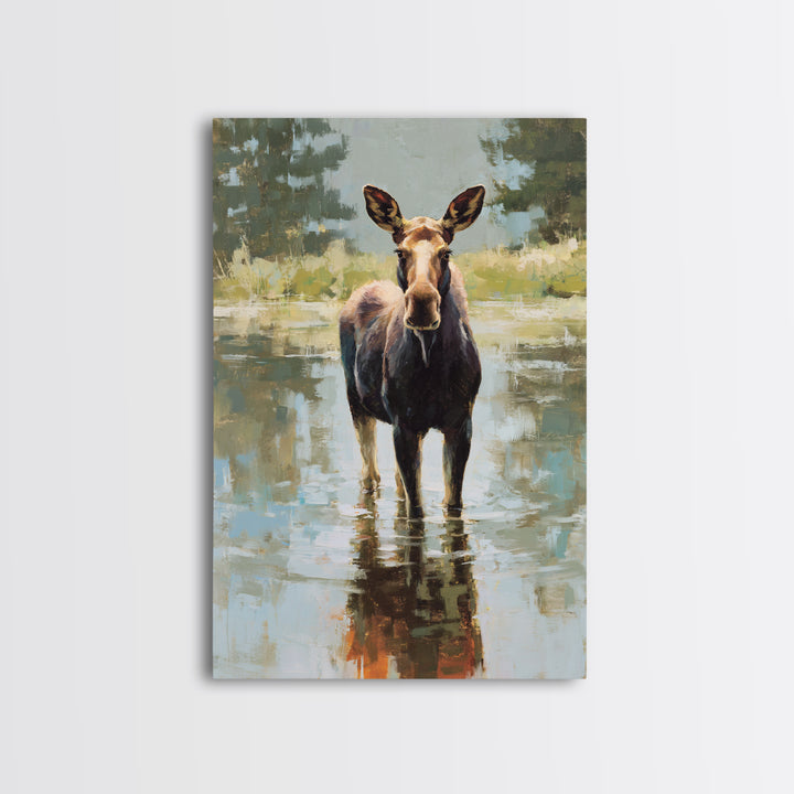 Moose Standing in Reflective Lake Framed Canvas Print, Wildlife Art, Forest Wall Art, Living Room Decor, Fine Art, Wild, WIL-2x3-3